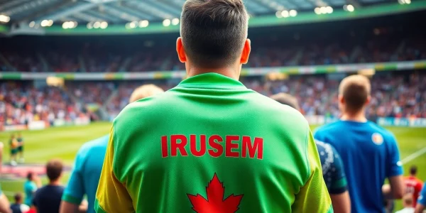 Showcasing enthusiastic fans wearing discount football shirts, celebrating team spirit in a lively stadium.