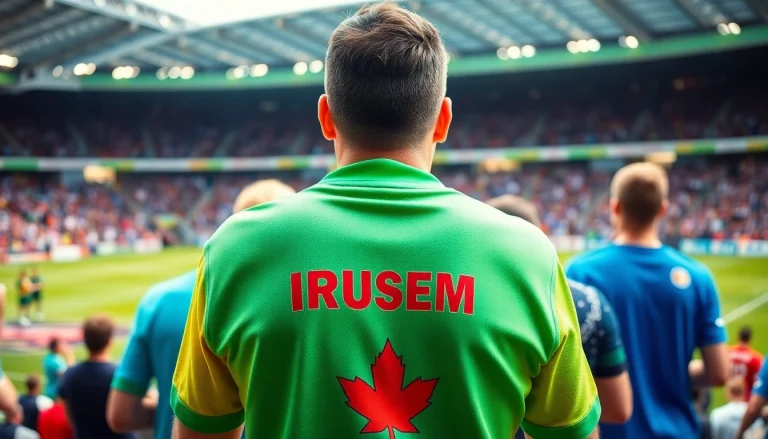 Showcasing enthusiastic fans wearing discount football shirts, celebrating team spirit in a lively stadium.