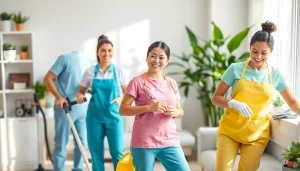 Cleaning Service team efficiently cleaning a modern home, highlighting professionalism and teamwork.