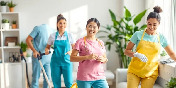 Cleaning Service team efficiently cleaning a modern home, highlighting professionalism and teamwork.