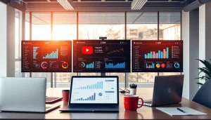 Visualize a cutting-edge youtube smm panel interface in a vibrant workspace, highlighting marketing metrics.