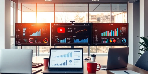 Visualize a cutting-edge youtube smm panel interface in a vibrant workspace, highlighting marketing metrics.