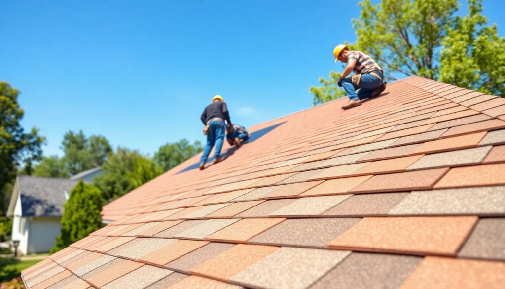 Showcasing high-quality roofing solutions with skilled workers installing durable shingles on a beautiful home.