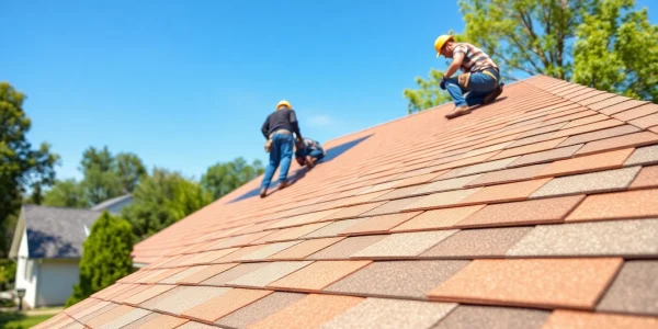 Showcasing high-quality roofing solutions with skilled workers installing durable shingles on a beautiful home.