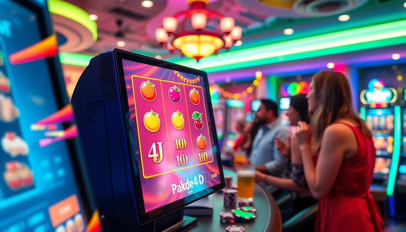 Permainan pakde4d slot dengan simbol ceria, suasana kasino bersemangat.