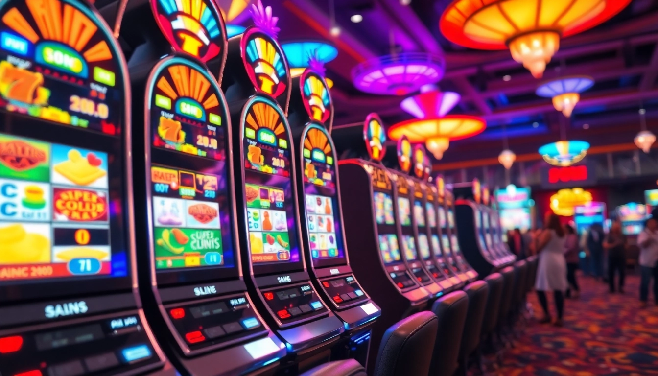 Putar slot dengan mesin slot berwarna cerah di kasino yang ramai.