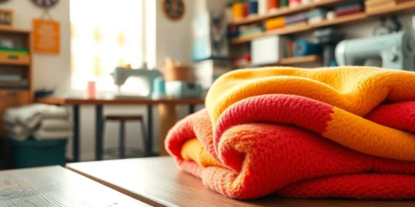 Fleece stof met rijke textuur en kleuren op een houten tafel met creatieve materialen.