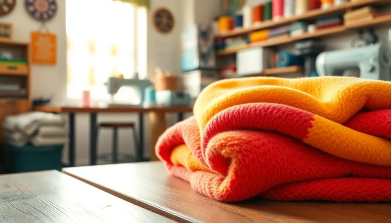 Fleece stof met rijke textuur en kleuren op een houten tafel met creatieve materialen.