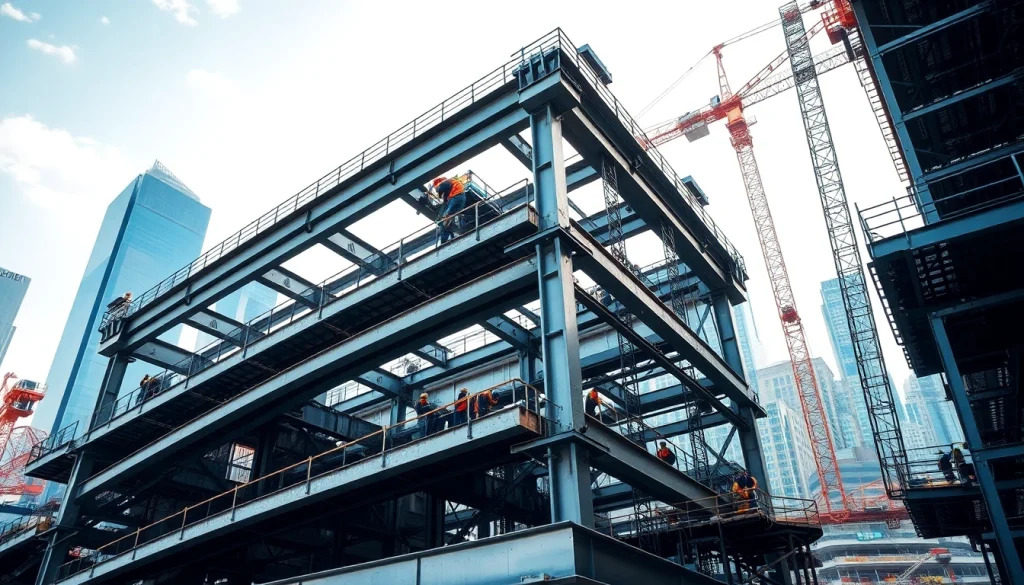 Crafting structural steel construction at a vibrant urban site showcasing machinery and teamwork.