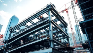 Crafting structural steel construction at a vibrant urban site showcasing machinery and teamwork.