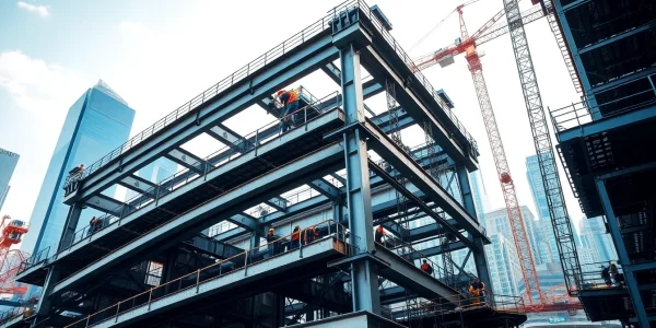 Crafting structural steel construction at a vibrant urban site showcasing machinery and teamwork.