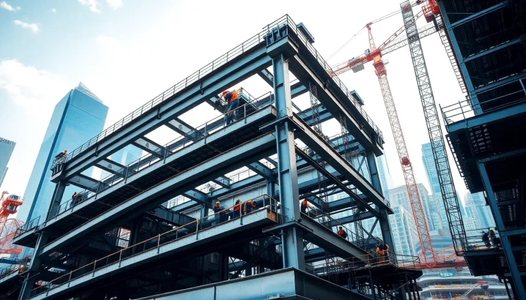 Crafting structural steel construction at a vibrant urban site showcasing machinery and teamwork.