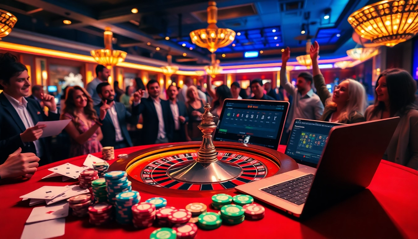 Players enjoying a thrilling gambling experience with indbet, showcasing online betting with cards and roulette.