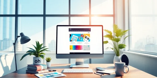 dịch vụ thiết kế website showcased in a modern workspace with computer and design tools.