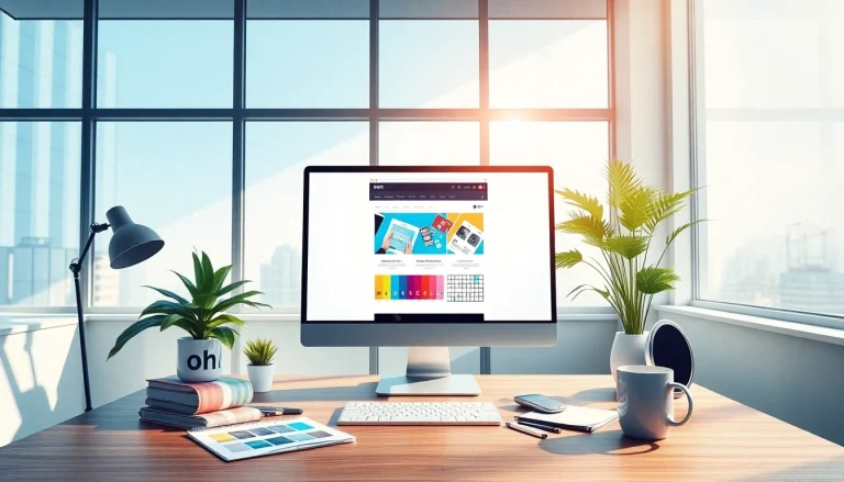 dịch vụ thiết kế website showcased in a modern workspace with computer and design tools.