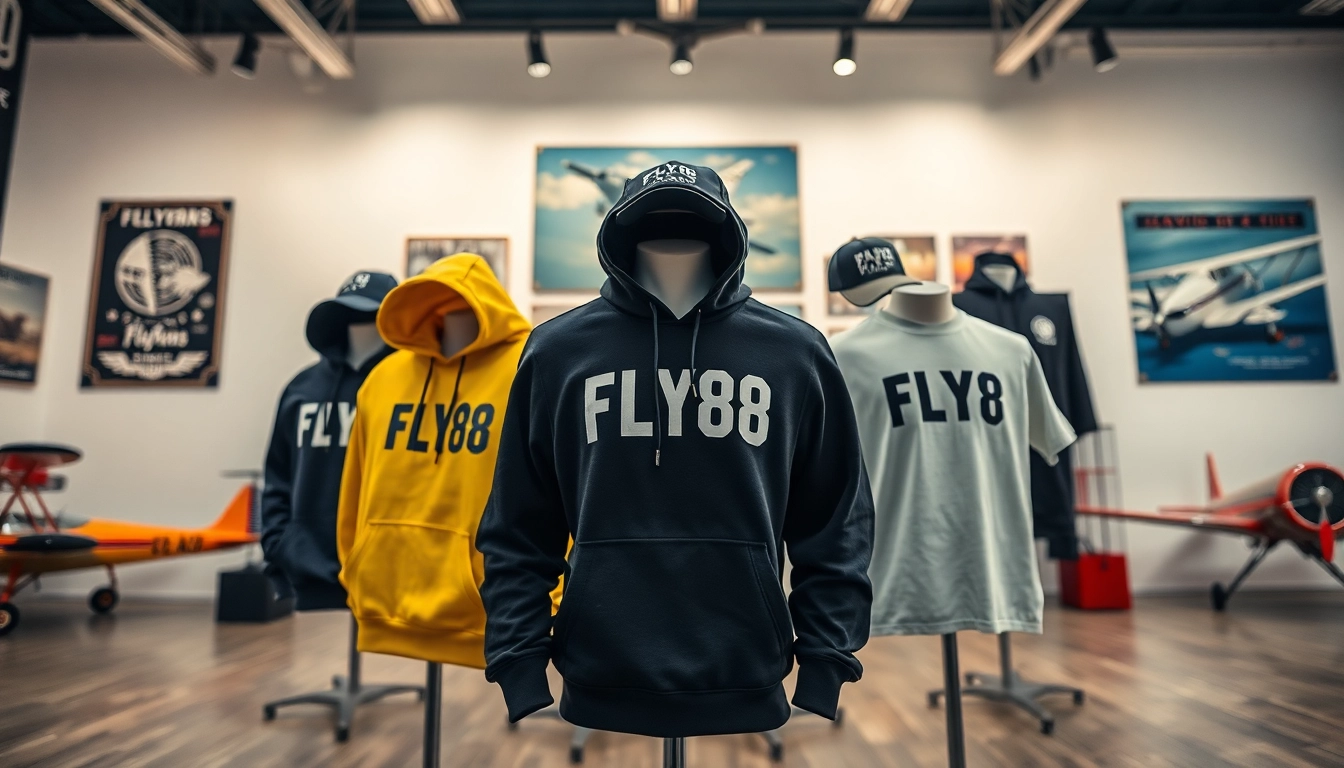 FLY88 apparel display featuring stylish aviation-themed clothing in a modern studio.