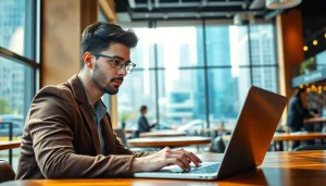 Engaged job search in a coffee shop, showcasing a professional determined to succeed.
