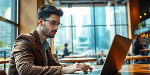 Engaged job search in a coffee shop, showcasing a professional determined to succeed.
