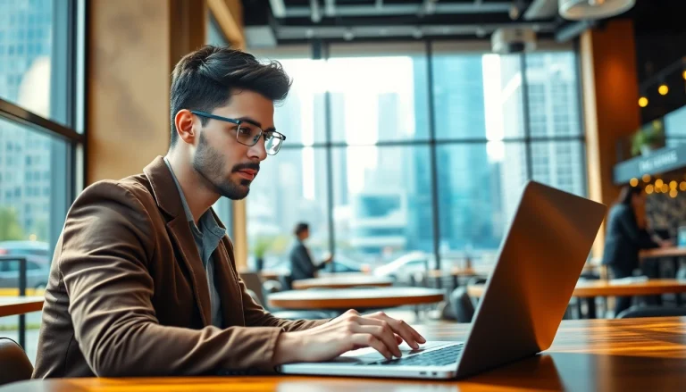 Engaged job search in a coffee shop, showcasing a professional determined to succeed.