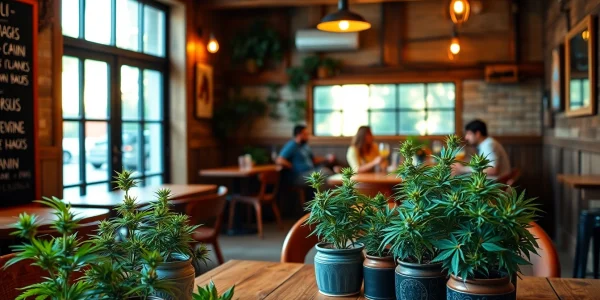 Détail de l'intérieur d'un weed cafe avec des plantes et une ambiance chaleureuse.