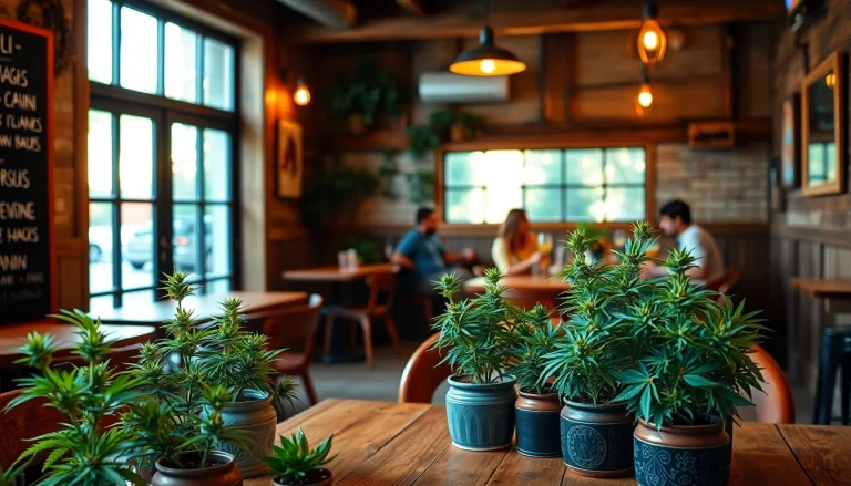 Détail de l'intérieur d'un weed cafe avec des plantes et une ambiance chaleureuse.