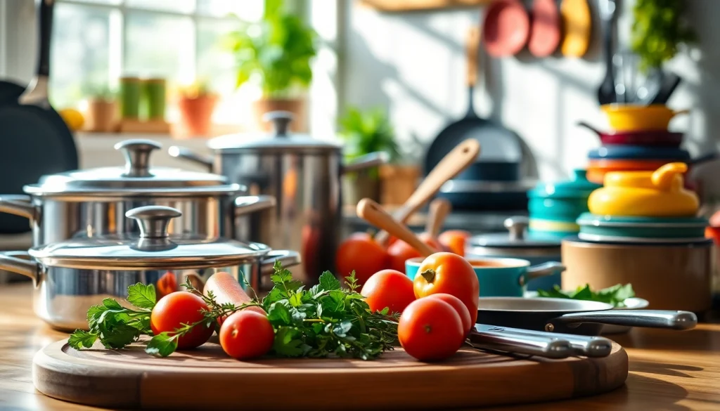 Cookware selection displayed artistically with fresh ingredients in a bright kitchen.
