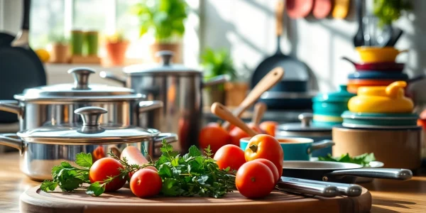 Cookware selection displayed artistically with fresh ingredients in a bright kitchen.