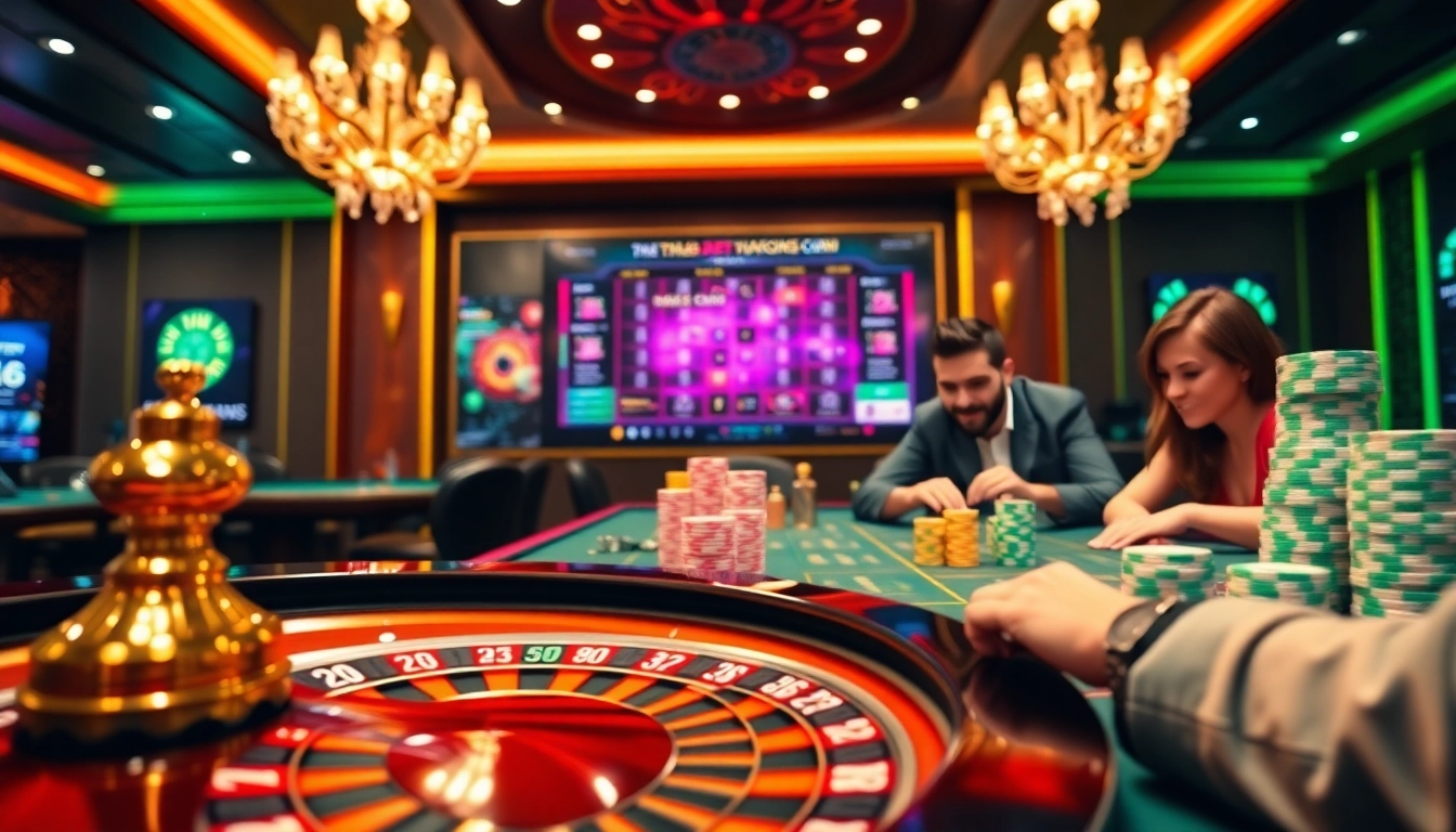 Engaging players at THABET.VEGAS strategize and win at a glamorous casino table.