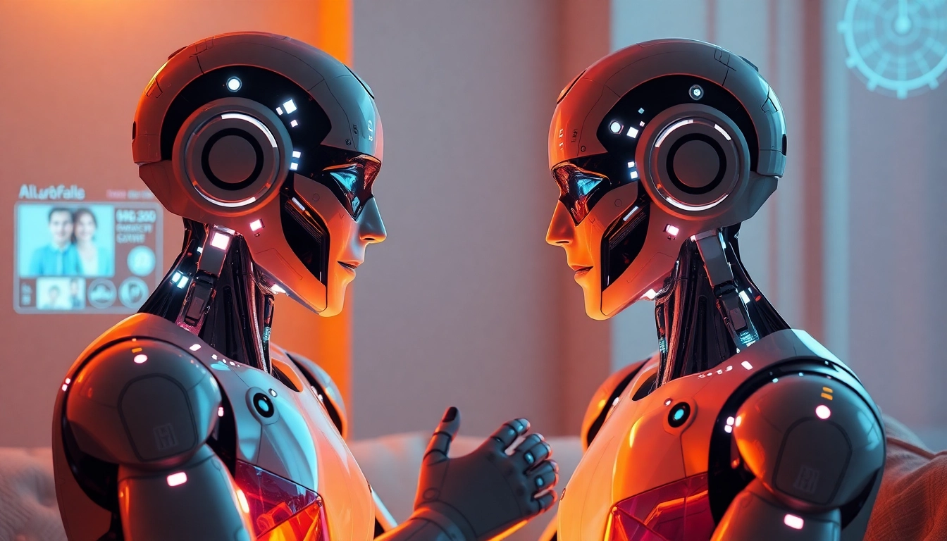 AI sex robots engaging in an intimate conversation in a futuristic setting with advanced technology.