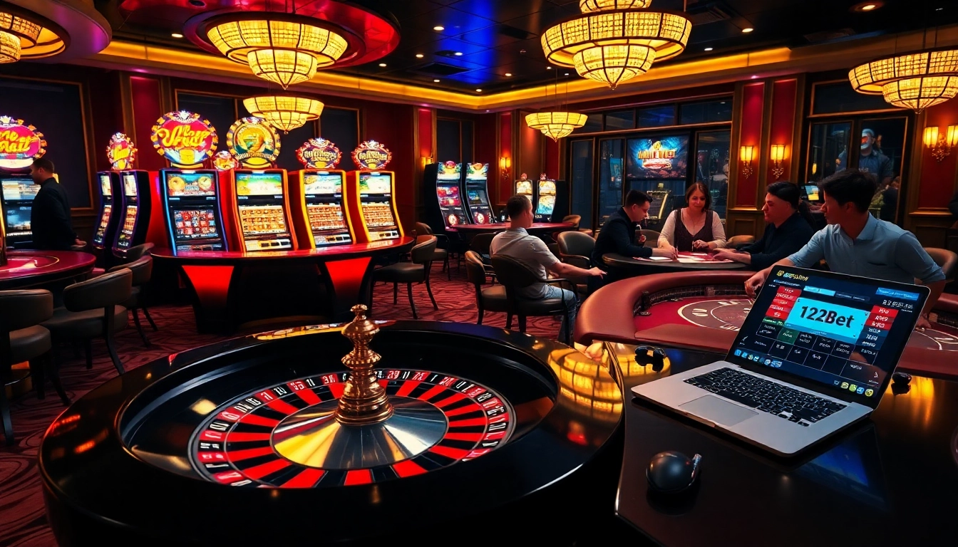 Exciting gambling scene with 12bet branding, showing roulette and poker games in luxurious casino setting.