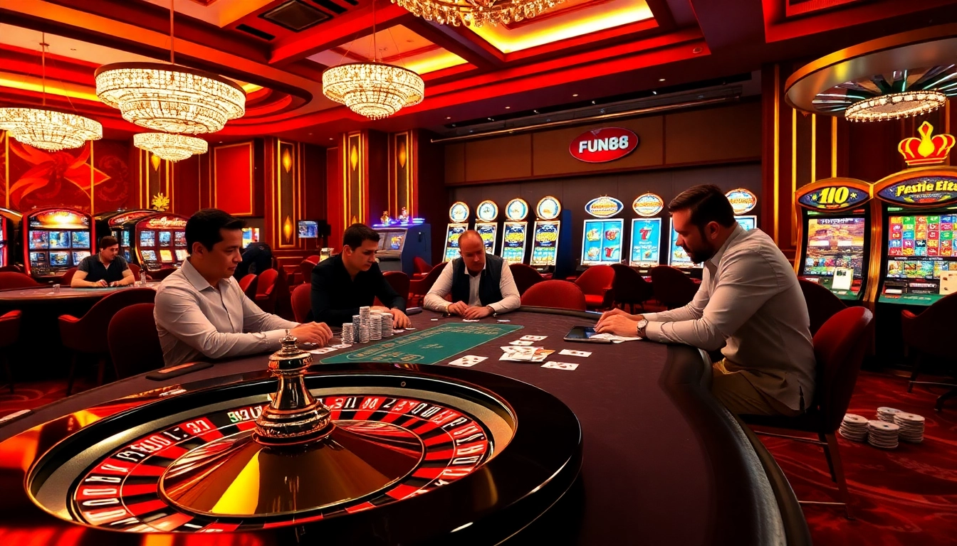 Experience the excitement at Fun88 link with a lively poker table scene showcasing engaged players.