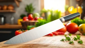 Enhance your culinary skills with a chef’s knife NZ resting on a wooden board surrounded by fresh ingredients.