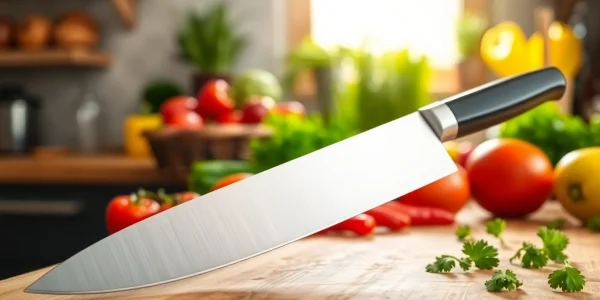 Enhance your culinary skills with a chef’s knife NZ resting on a wooden board surrounded by fresh ingredients.