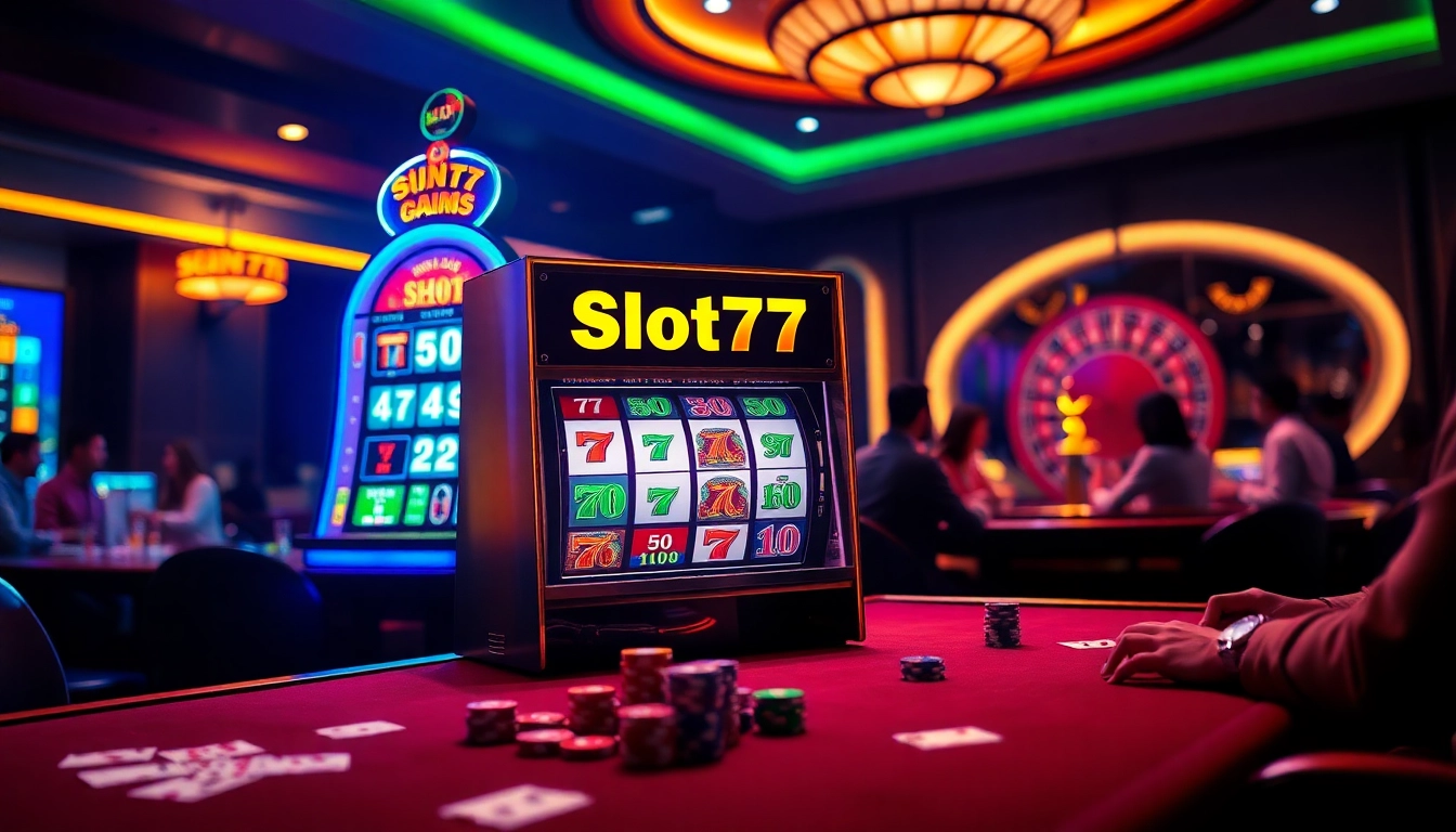 Players enjoying the excitement of Slot777 at a vibrant casino with slot machines and poker games.