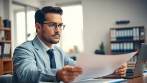 Intellectual property lawyer reviewing contract documents in a professional office setting.