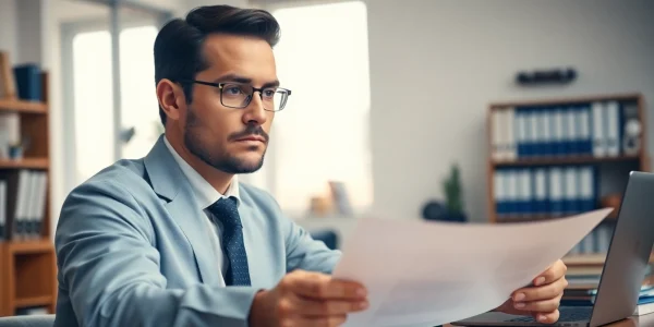 Intellectual property lawyer reviewing contract documents in a professional office setting.