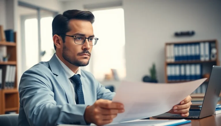 Intellectual property lawyer reviewing contract documents in a professional office setting.