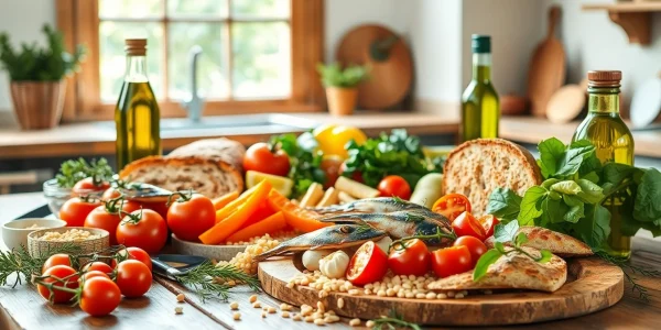 Showcase a Mediterranean diet meal arrangement highlighting fresh vegetables, grains, and seafood.