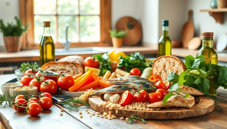 Showcase a Mediterranean diet meal arrangement highlighting fresh vegetables, grains, and seafood.