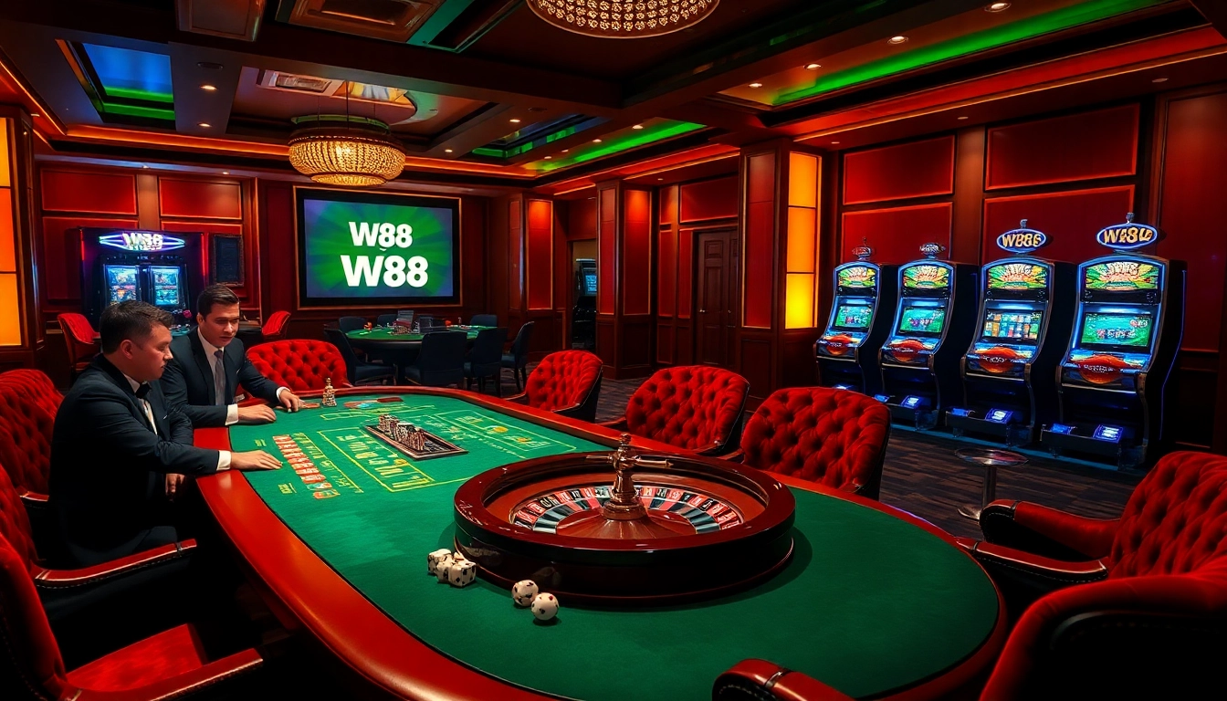 Exciting casino scene showcasing link to w88 with poker tables, vibrant slot machines, and roulette wheel.