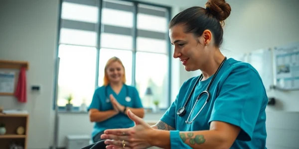 Enhance Physical Therapy Marketing with a professional therapist assisting a patient in a clinical setting.