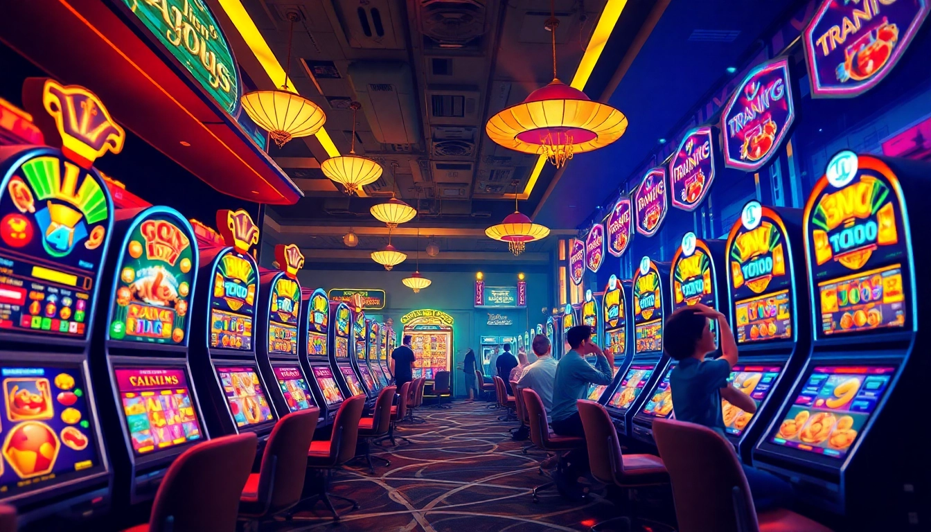 Exciting scene of online gaming showcasing hoki138 pro slot machines with vibrant colors and celebrations.