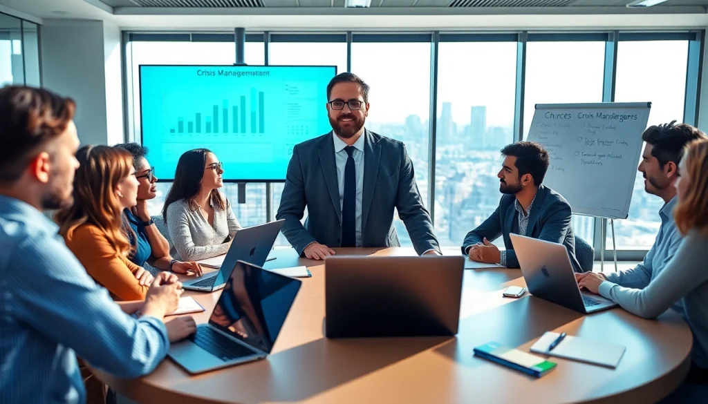 Engaged crisis management consultant leading a team discussion in a modern office environment.