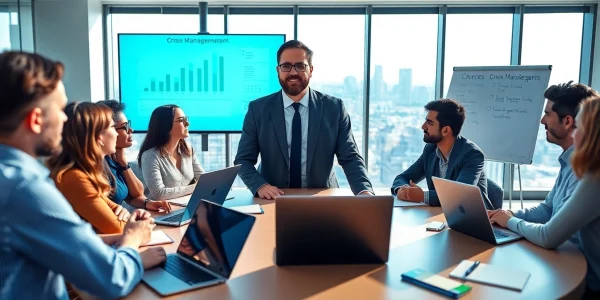 Engaged crisis management consultant leading a team discussion in a modern office environment.