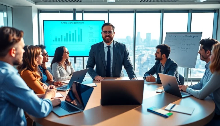 Engaged crisis management consultant leading a team discussion in a modern office environment.