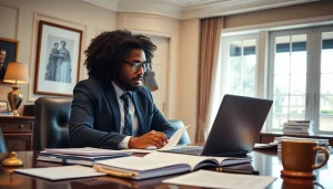 Tłumacz przysięgły working with documents in a professional office setting.