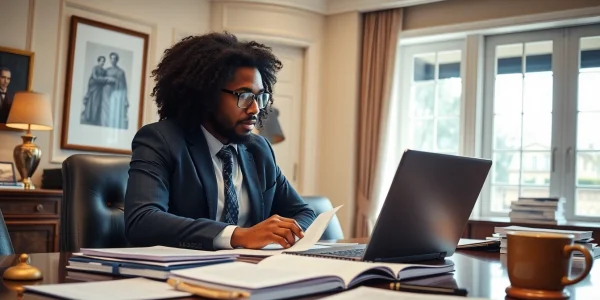 Tłumacz przysięgły working with documents in a professional office setting.