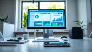 Showcase the WhatsApp Smart CRM interface within a vibrant digital workspace environment.
