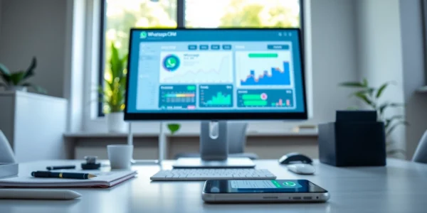 Showcase the WhatsApp Smart CRM interface within a vibrant digital workspace environment.