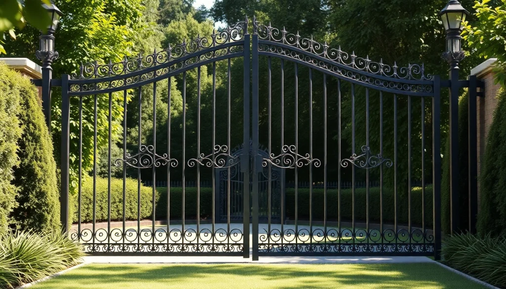 Showcase of custom steel gates with intricate designs in a serene garden.